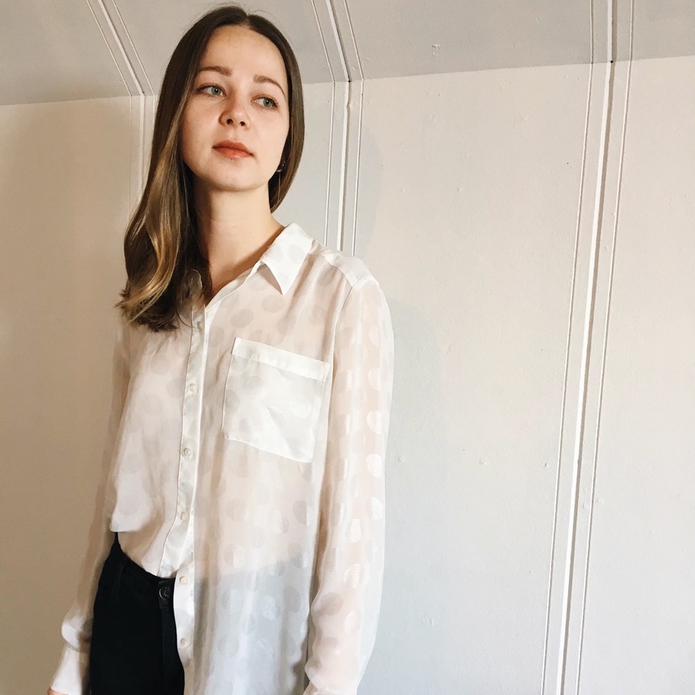 sheer white polka dot button-down
